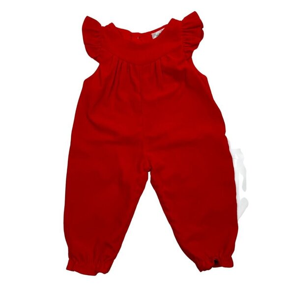 Vintage Tiny Tots Red Velvet Jumpsuit w/ Ruffle Sleeves Size: 6-9 mo - Picture 1 of 8